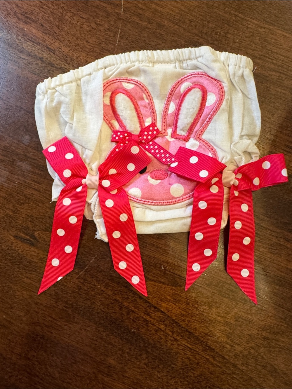 Cream Diaper Cover with Pink Bunny Applique and Polka Dot Bows